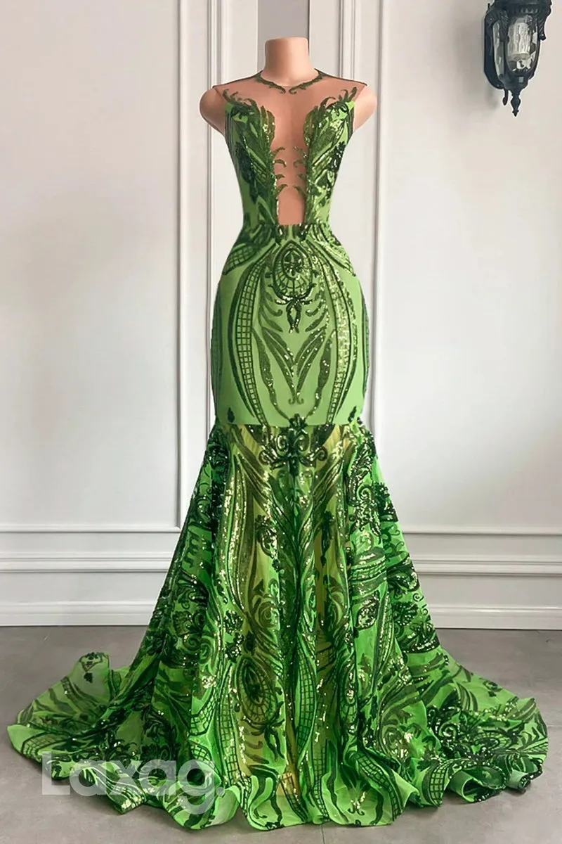 22473 - illusion V-Neck Appliques Sequins Mermaid Prom Dresses for Black Girl Slay