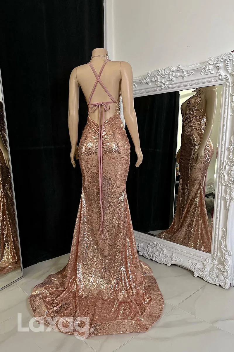 22474 - Halter Low V-Neck Appliques Sequins Mermaid Prom Dresses for Black Girl Slay