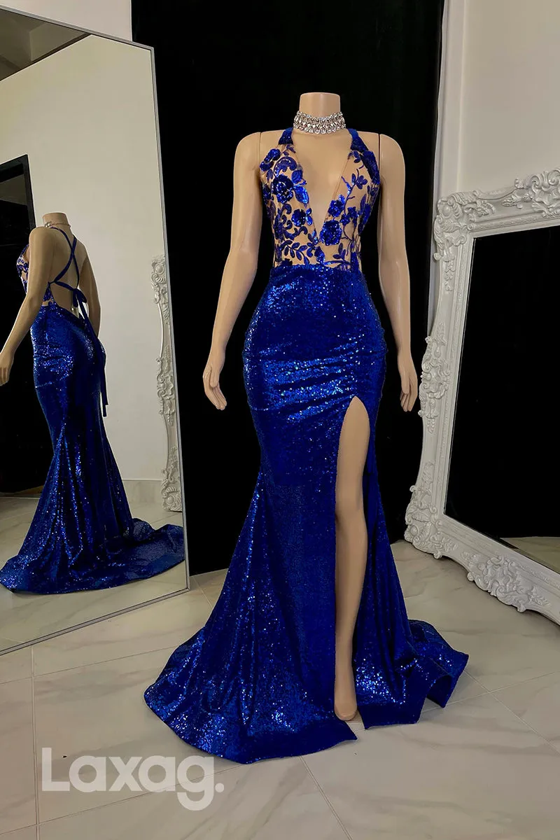 22474 - Halter Low V-Neck Appliques Sequins Mermaid Prom Dresses for Black Girl Slay