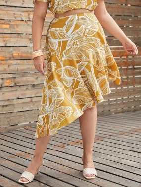 All Over Print Ruffle Hem Knee Length Plus Size Skirt