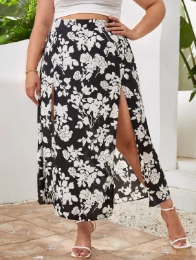 All Over Print Split Thigh Long Plus Size Skirt