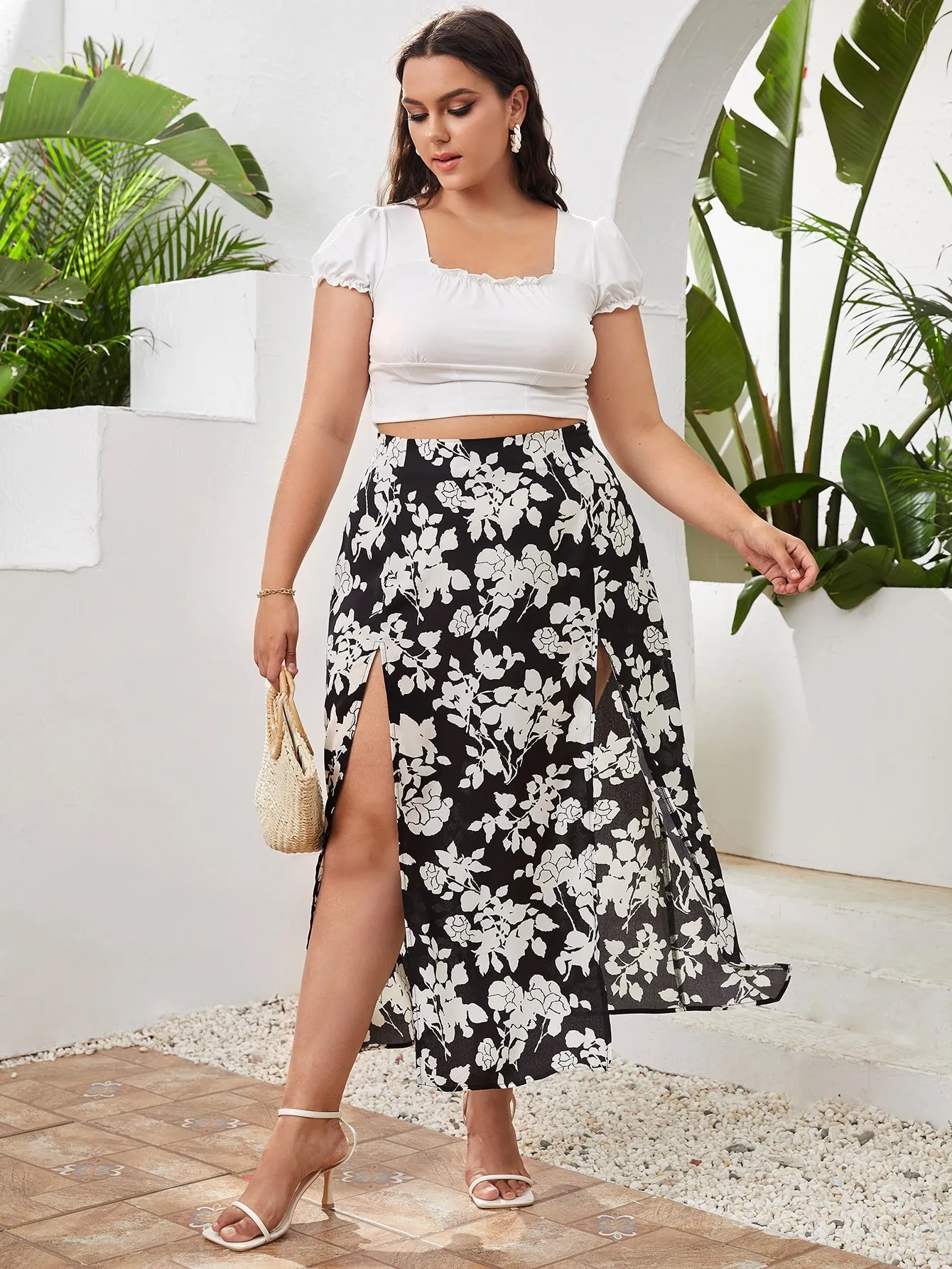 All Over Print Split Thigh Long Plus Size Skirt