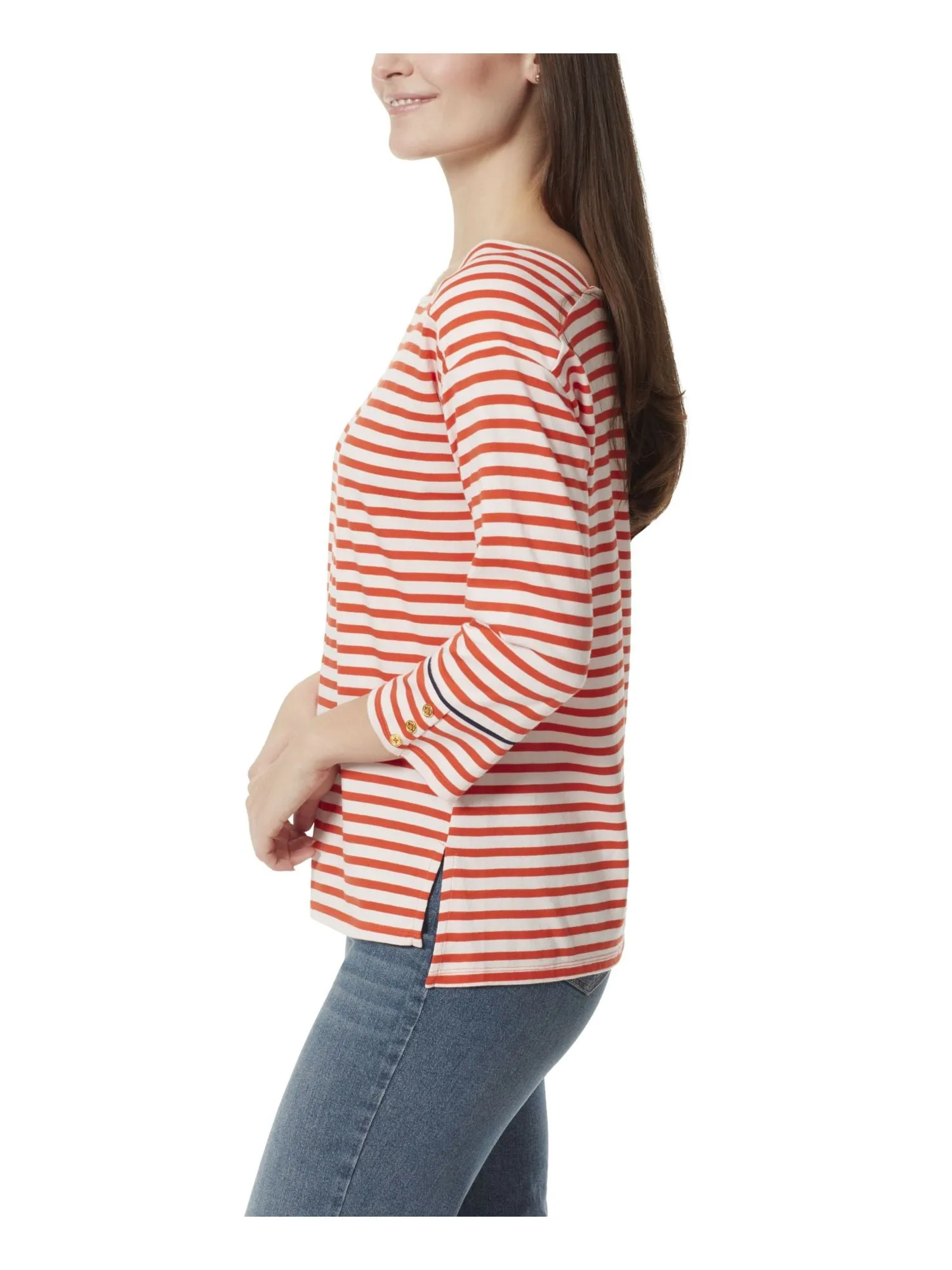 ANNE KLEIN Womens Orange 3/4 Sleeve Boat Neck Top