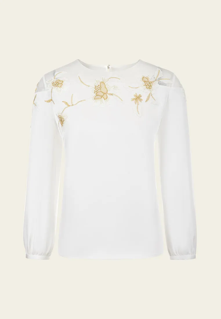 Appliqué Patchwork Puff-sleeve Top