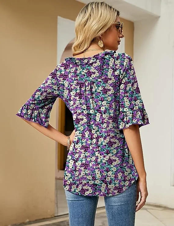 Black Floral Print Casual V Neck T Shirts Loose Summer Tops Ruffle - Ivicoer