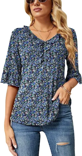 Black Floral Print Casual V Neck T Shirts Loose Summer Tops Ruffle - Ivicoer