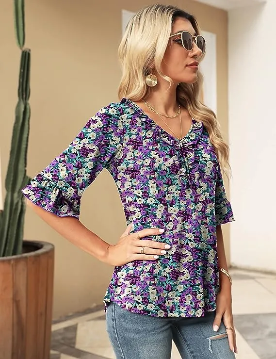 Black Floral Print Casual V Neck T Shirts Loose Summer Tops Ruffle - Ivicoer