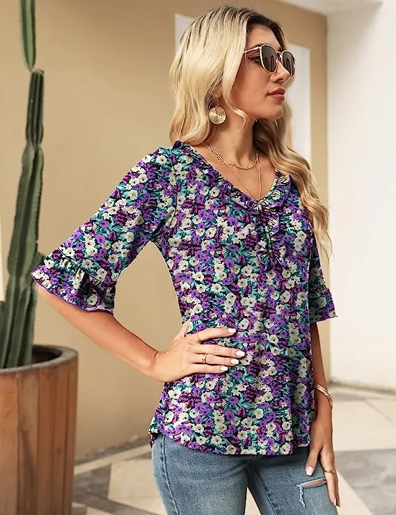 Black Pink Floral Casual V Neck T Shirts Loose Summer Tops Ruffle - Ivicoer