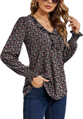 Black Pink Floral Casual V Neck T Shirts Loose Summer Tops Ruffle - Ivicoer