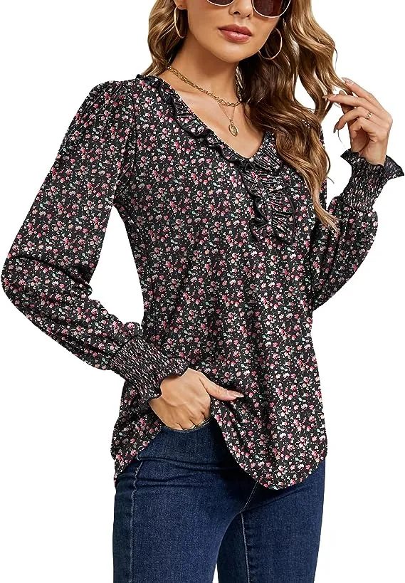 Black Pink Floral Casual V Neck T Shirts Loose Summer Tops Ruffle - Ivicoer
