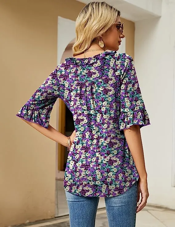 Black Pink Floral Casual V Neck T Shirts Loose Summer Tops Ruffle - Ivicoer
