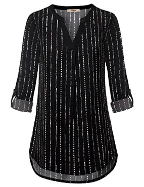 Black Stripe Women's Casual Chiffon V Neck 3/4 Sleeve Blouse Tops - Timeson