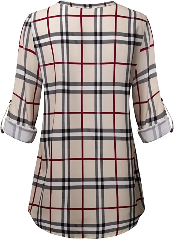 Black Stripe Women's Casual Chiffon V Neck 3/4 Sleeve Blouse Tops - Timeson