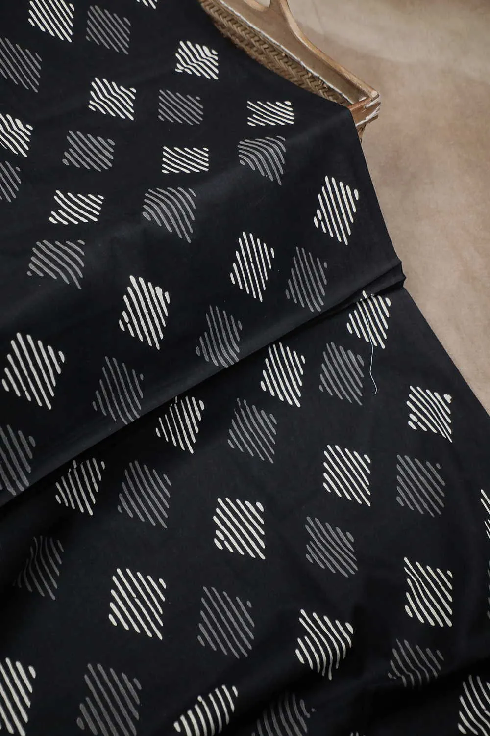 Black with Grey & Cream Butta Bagru Cotton Fabric - 0.5m