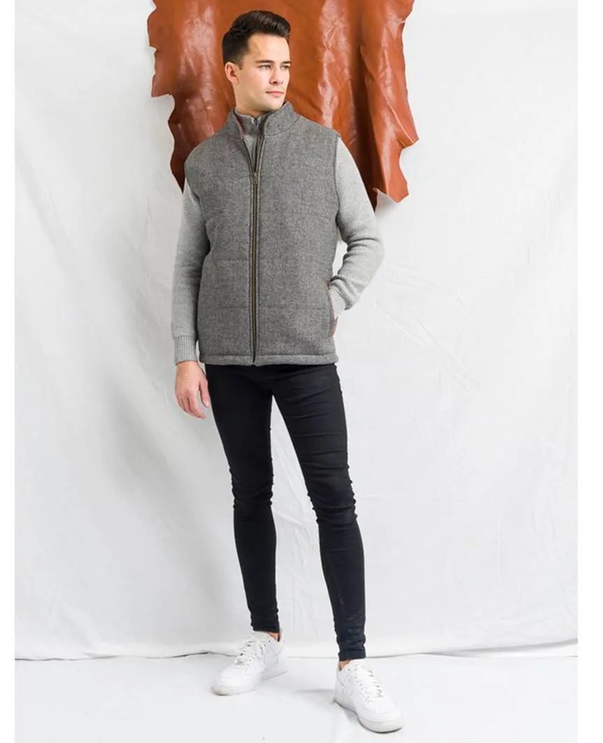 Body Warmer and Gilet Trimmed with Leather Grey Tweed