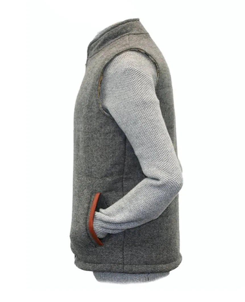 Body Warmer and Gilet Trimmed with Leather Grey Tweed