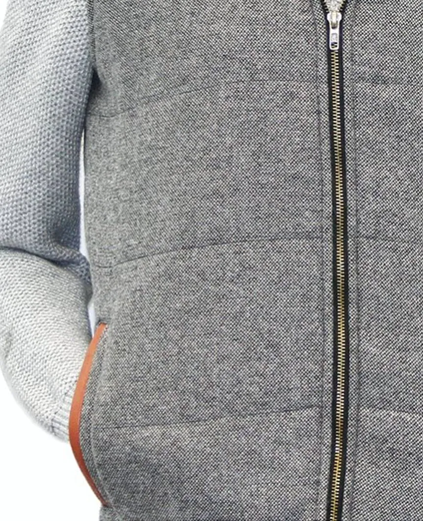 Body Warmer and Gilet Trimmed with Leather Grey Tweed
