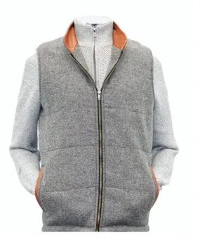 Body Warmer and Gilet Trimmed with Leather Grey Tweed