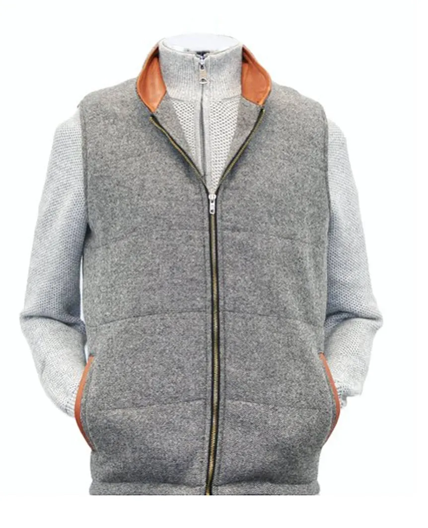 Body Warmer and Gilet Trimmed with Leather Grey Tweed