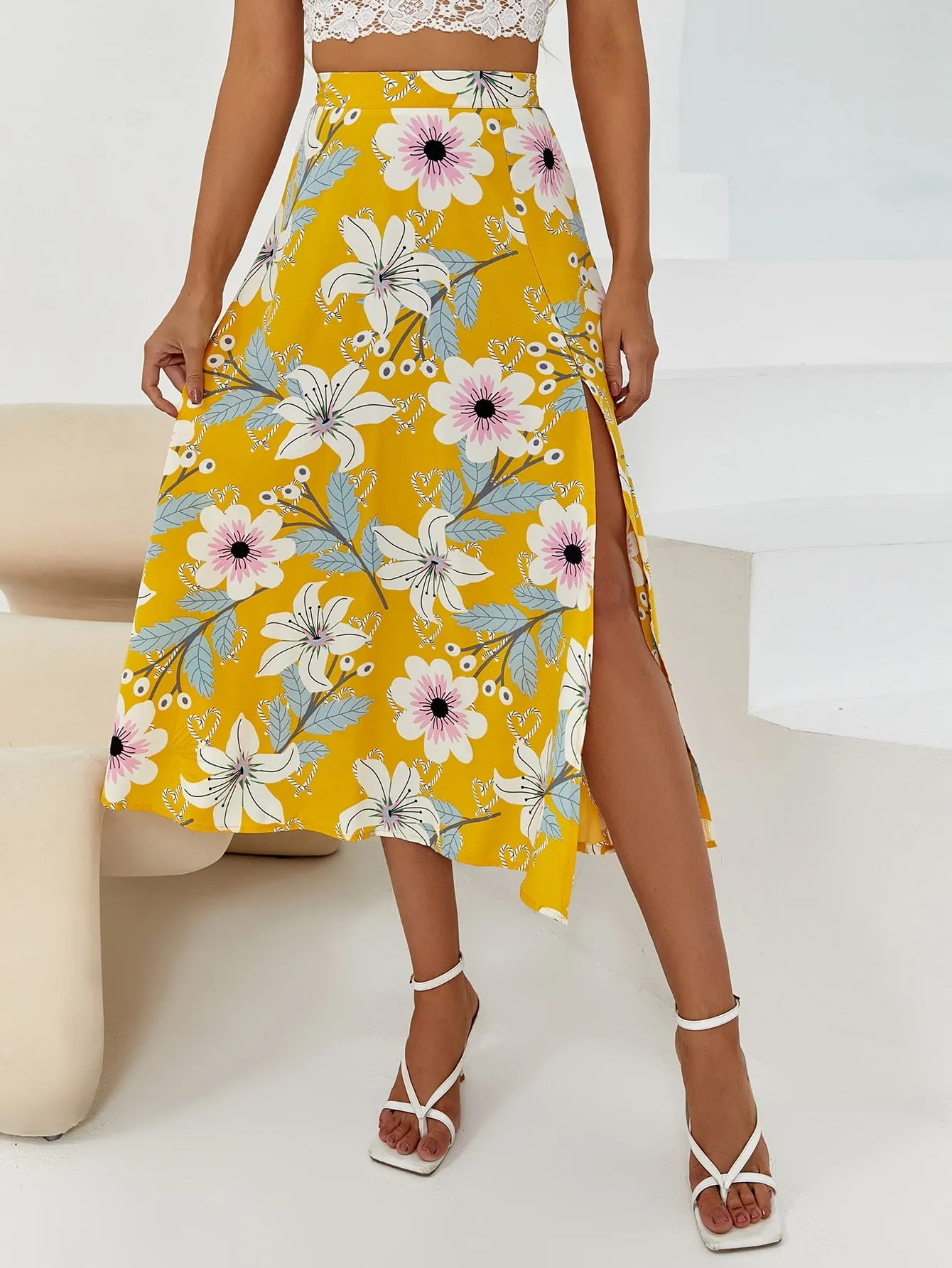 Boho Floral Zipper High Waist Midi Women Skirt