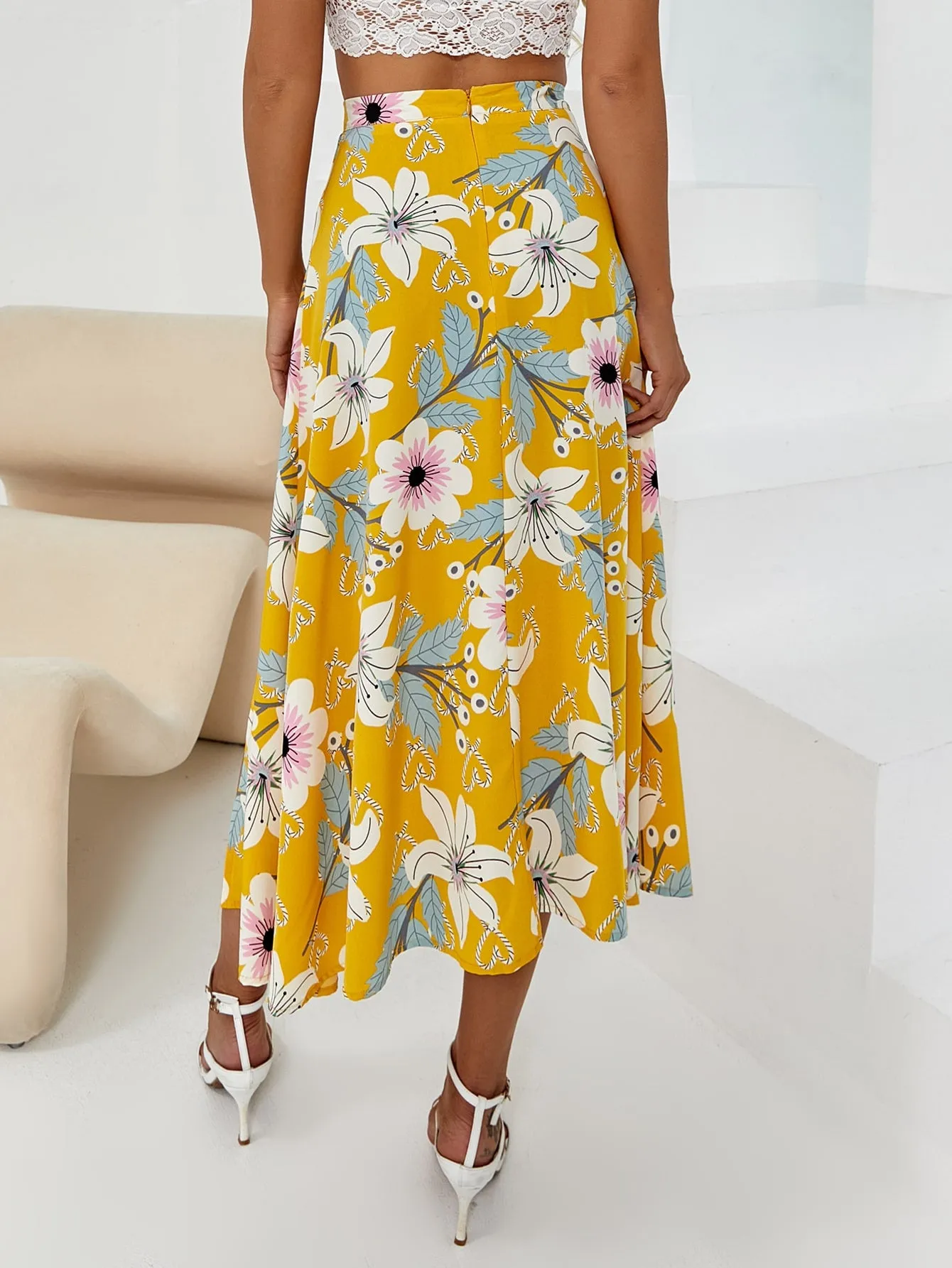 Boho Floral Zipper High Waist Midi Women Skirt