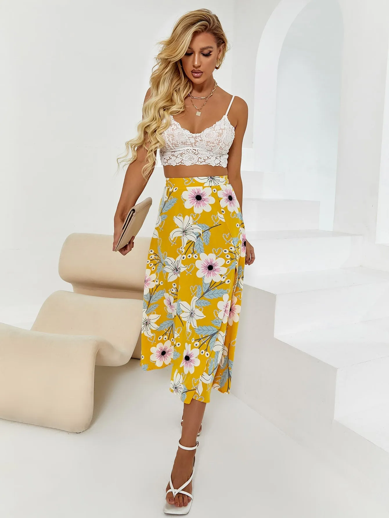 Boho Floral Zipper High Waist Midi Women Skirt