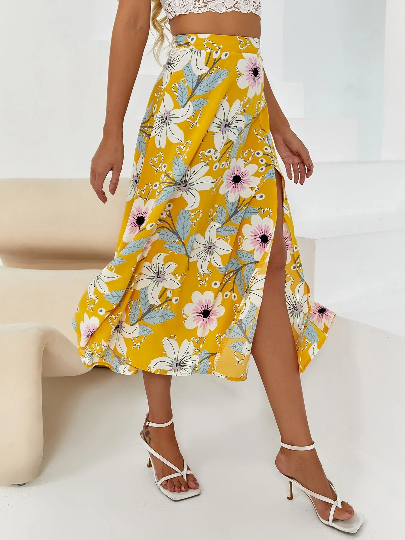 Boho Floral Zipper High Waist Midi Women Skirt