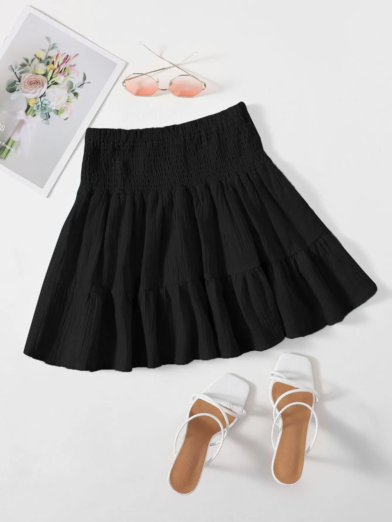 Boho Plain Shirred Natural Mini Women Skirt