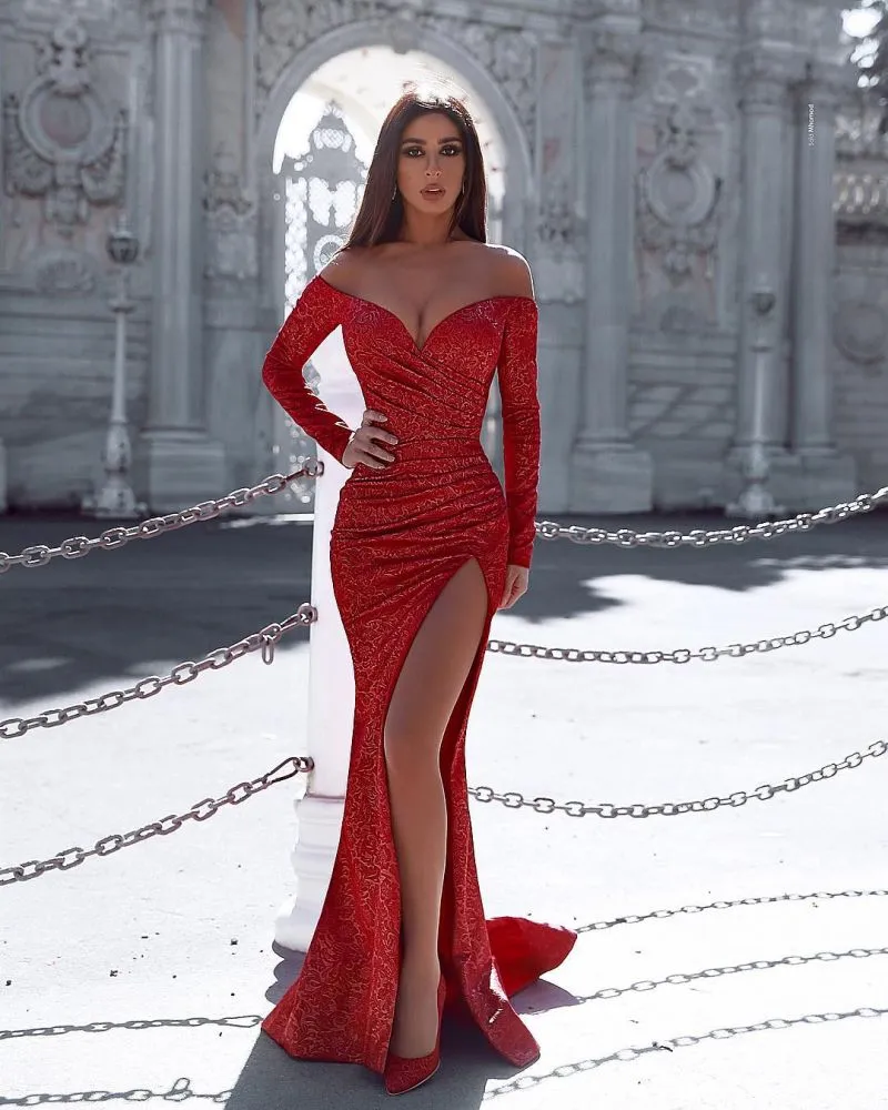 Burgundy Mermaid Evening Gown with Sleeves Splitfront Chic Party Dress