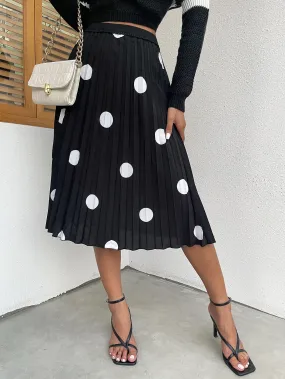 Casual Polka Dot Pleated High Waist Midi Women Skirt