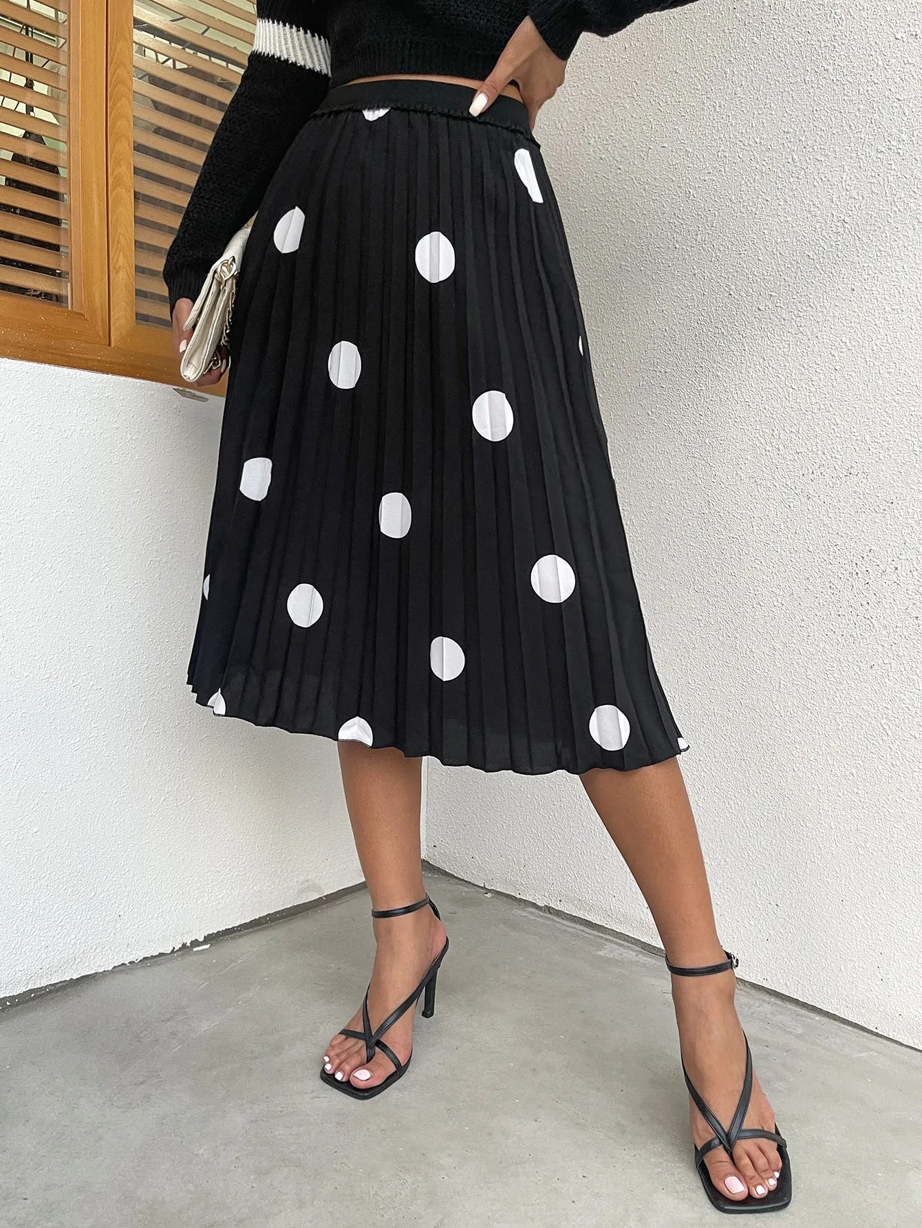 Casual Polka Dot Pleated High Waist Midi Women Skirt