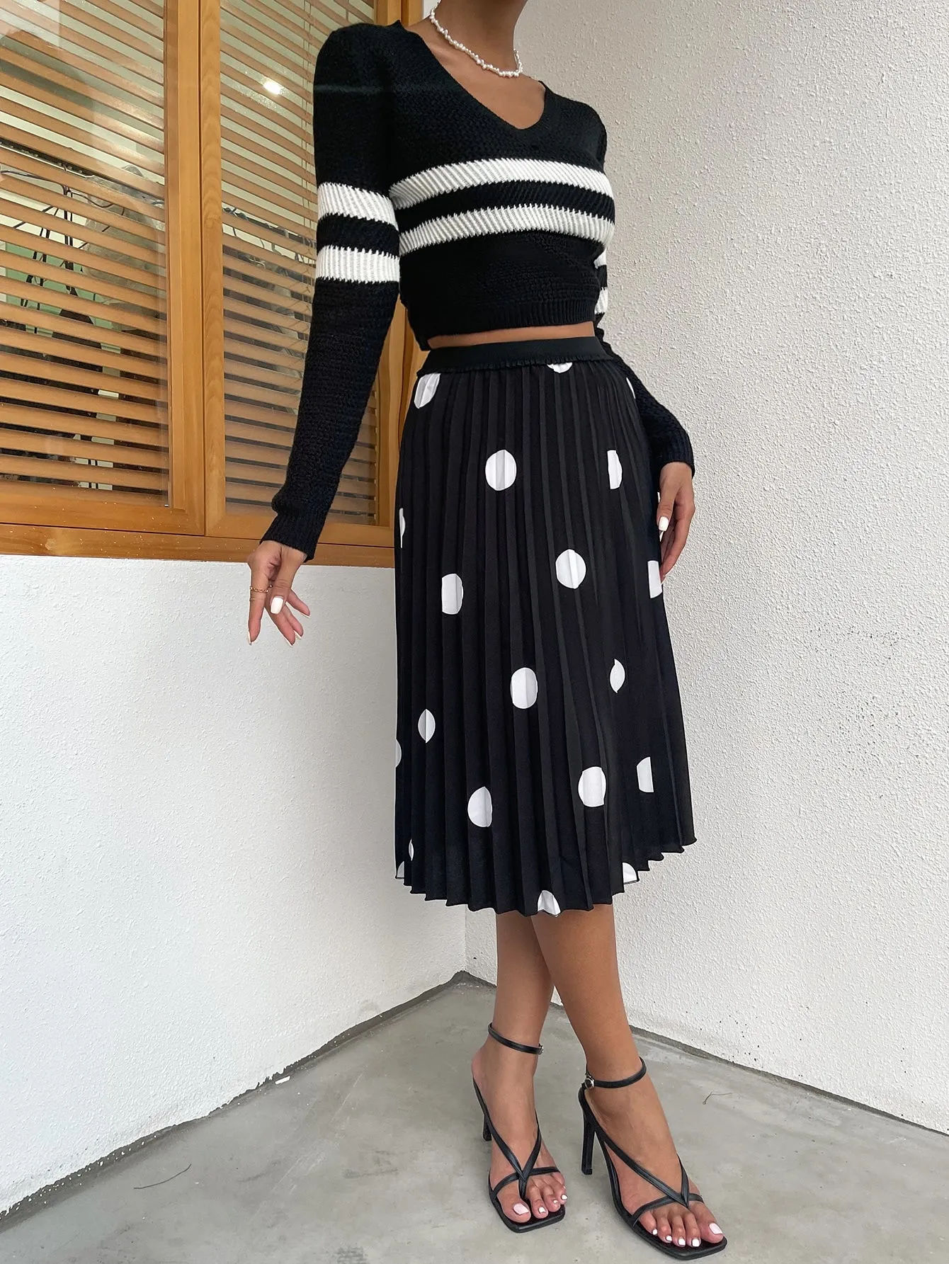 Casual Polka Dot Pleated High Waist Midi Women Skirt
