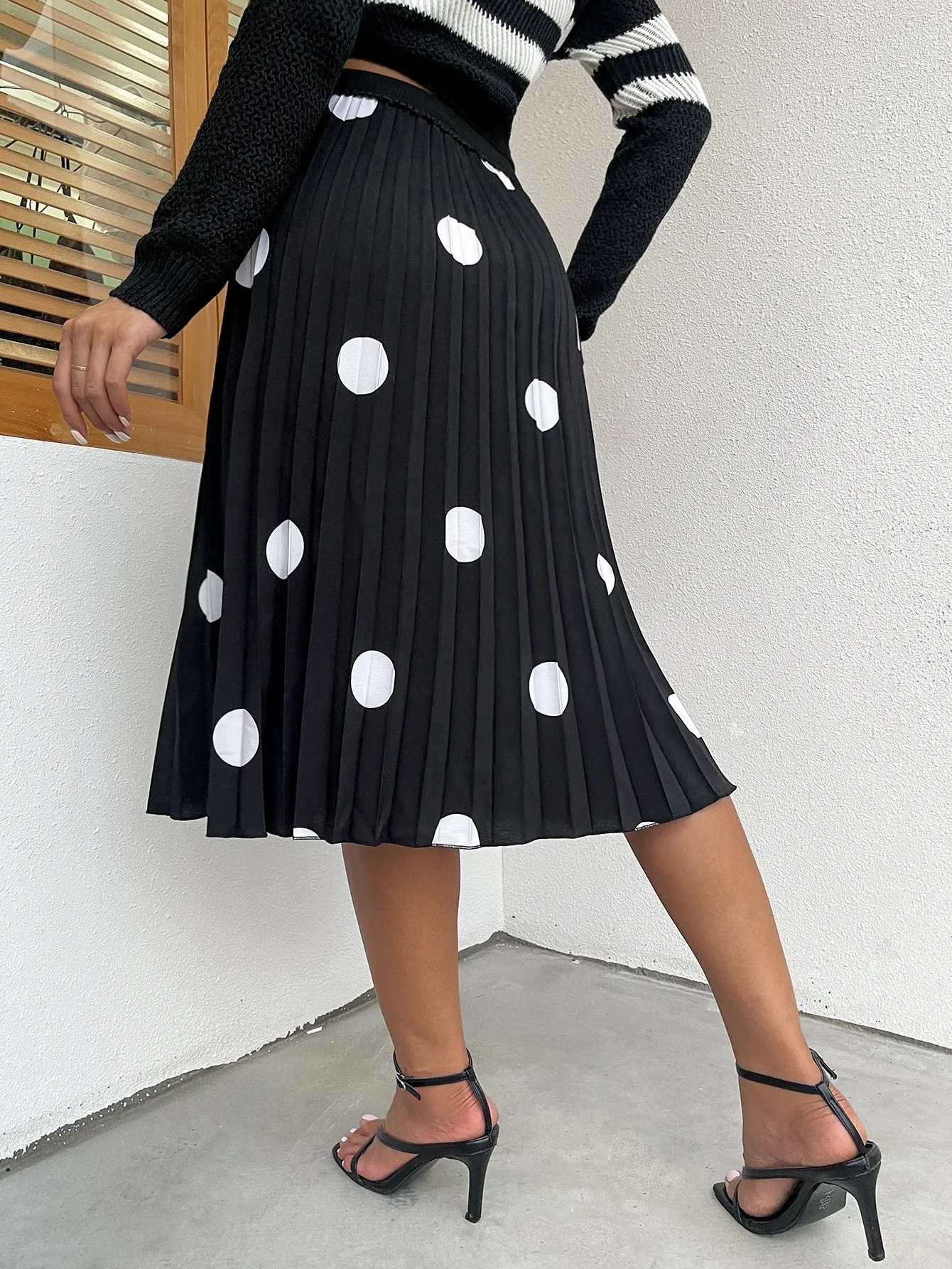 Casual Polka Dot Pleated High Waist Midi Women Skirt
