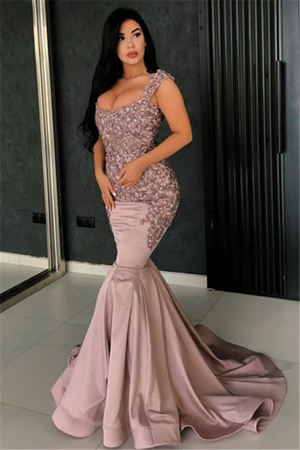 Chic Pink Mermaid Evening Dress Straps Appliques Long Formal Dresses