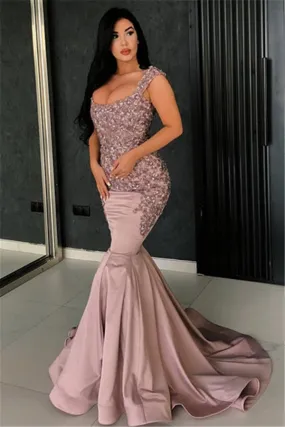 Chic Pink Mermaid Evening Dress Straps Appliques Long Formal Dresses