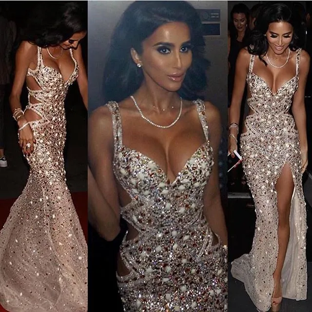 Chic Spaghetti Straps Rhinestones Sleeveless Front Split Sheath Floor-Length Prom Dresses