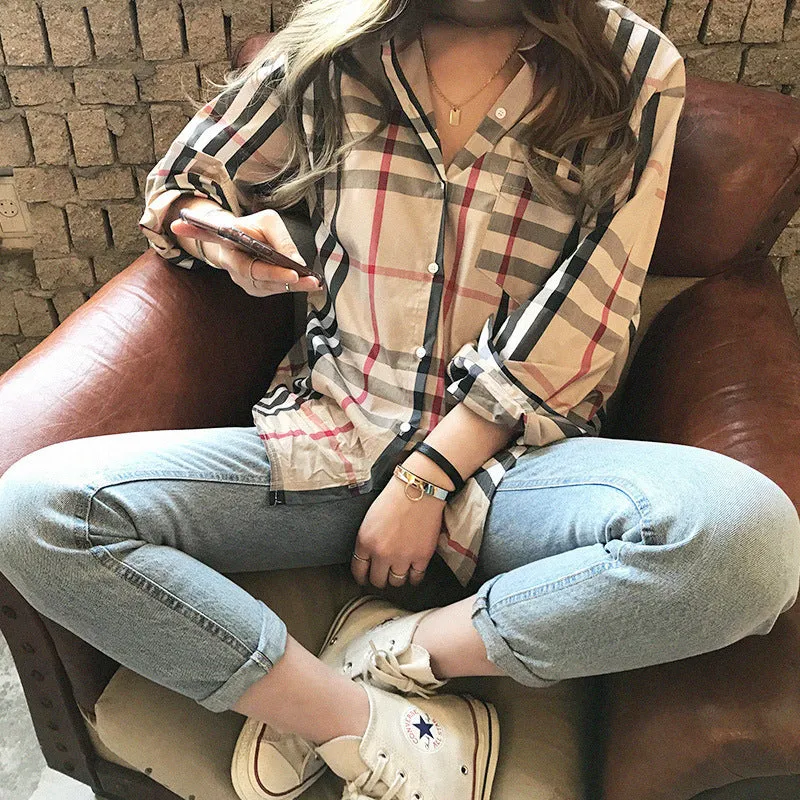 Classic Chequered Blouse Korean Loose All-Matching Vintage Hong Kong Long Sleeved Shirt Women Blouse