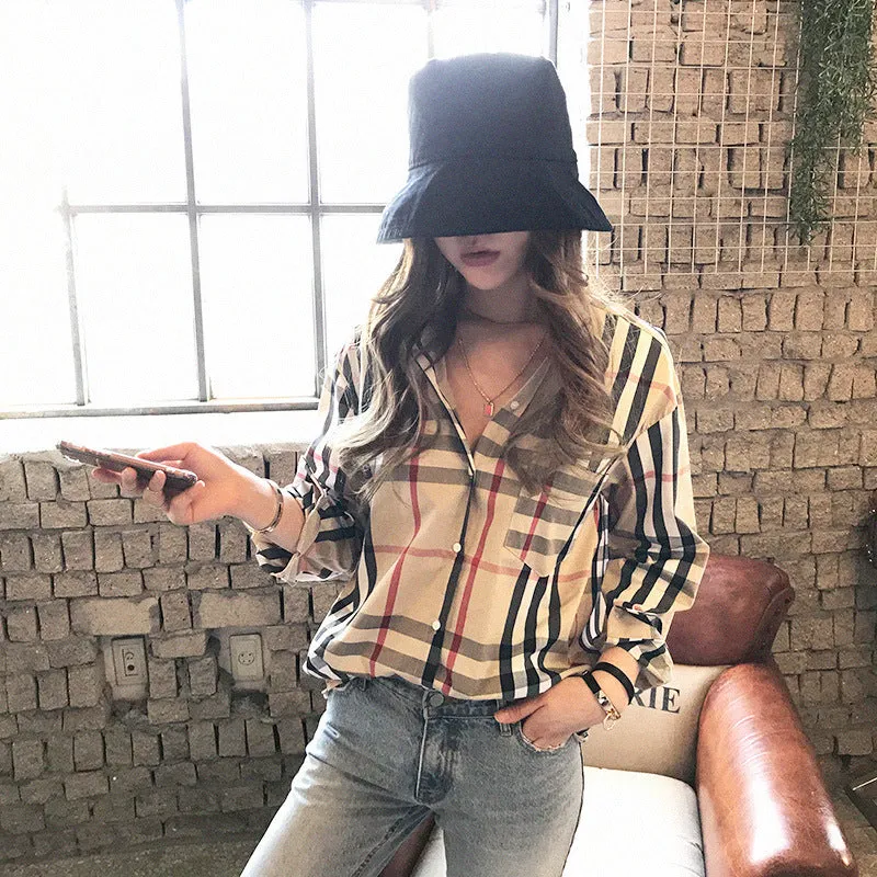 Classic Chequered Blouse Korean Loose All-Matching Vintage Hong Kong Long Sleeved Shirt Women Blouse