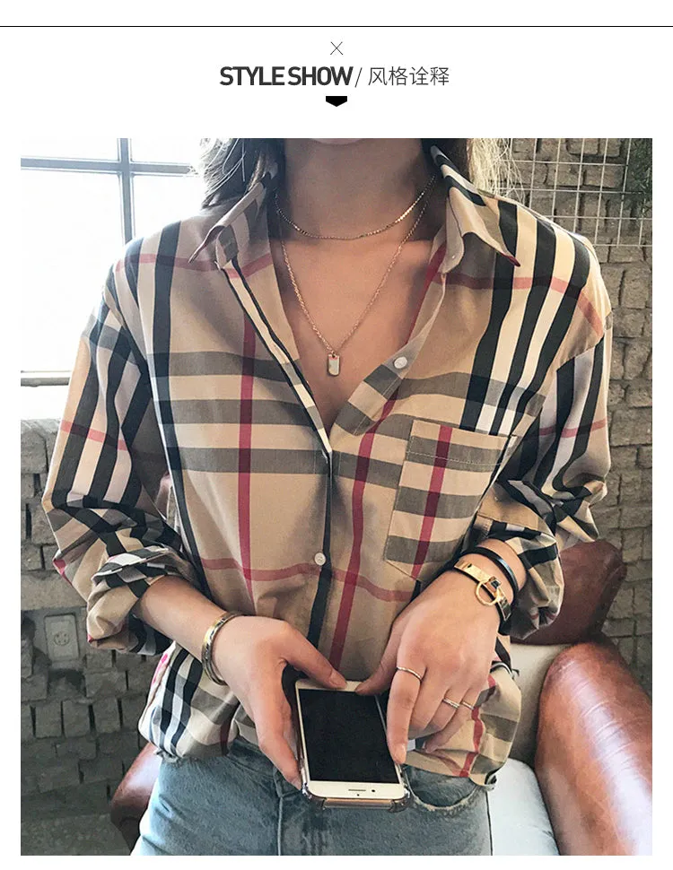 Classic Chequered Blouse Korean Loose All-Matching Vintage Hong Kong Long Sleeved Shirt Women Blouse
