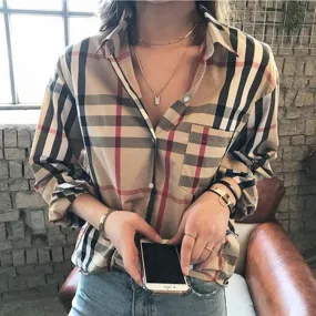 Classic Chequered Blouse Korean Loose All-Matching Vintage Hong Kong Long Sleeved Shirt Women Blouse