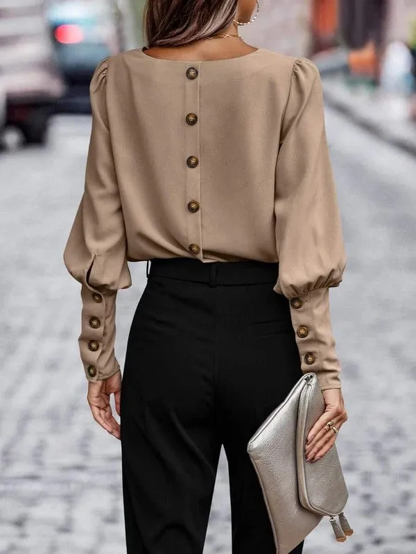Contemporary Solid Pink Button Long Sleeve Blouse
