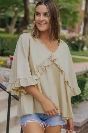 Draped Batwing Sleeve Ruffle Blouse
