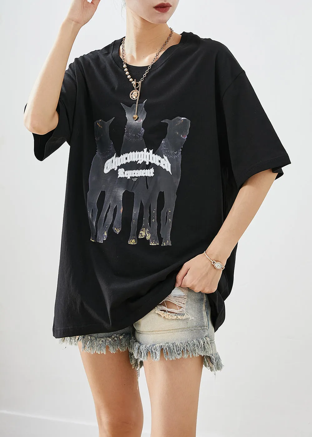 Elegant Black Oversized Print Cotton Tops Summer LY9240