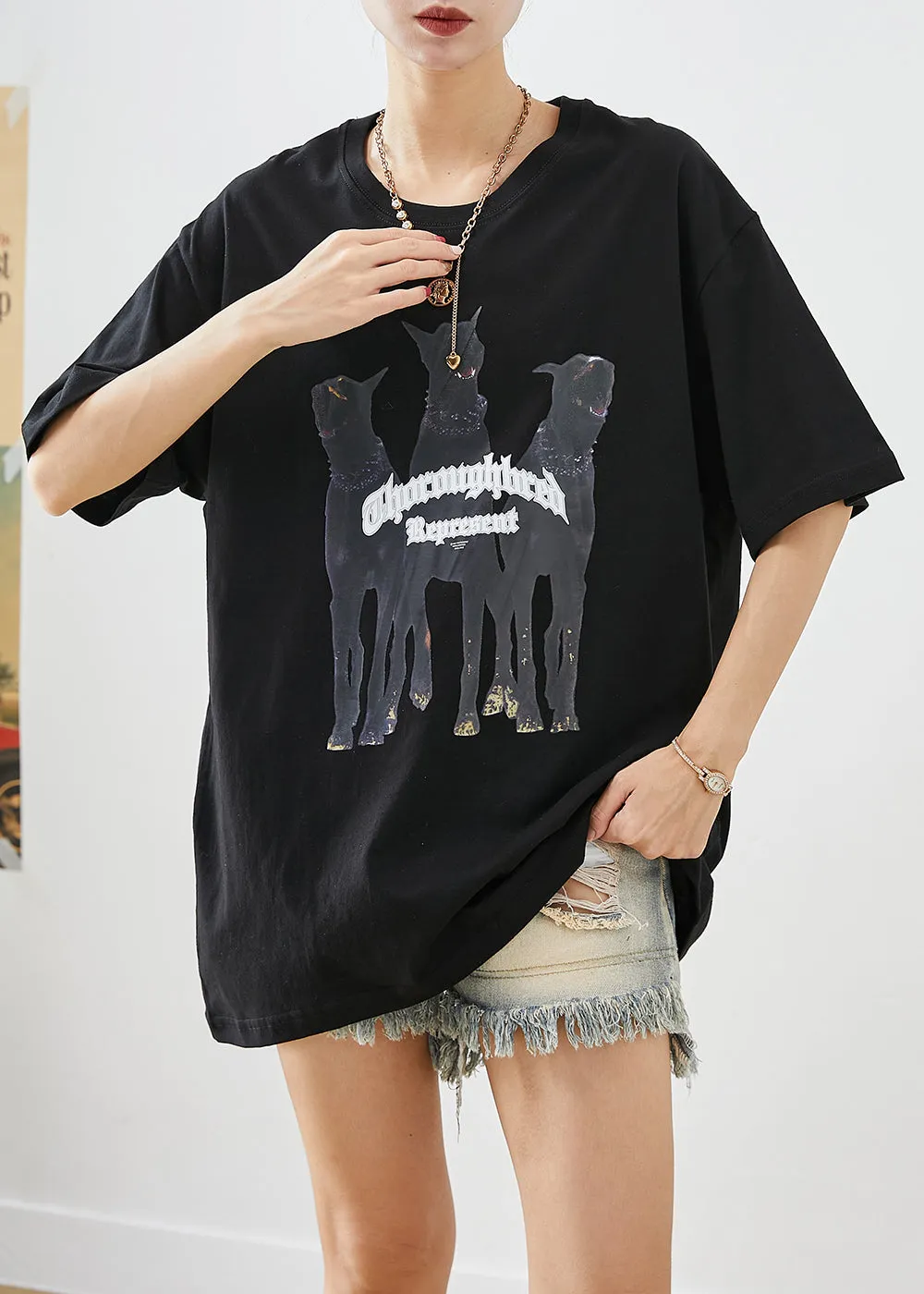 Elegant Black Oversized Print Cotton Tops Summer LY9240