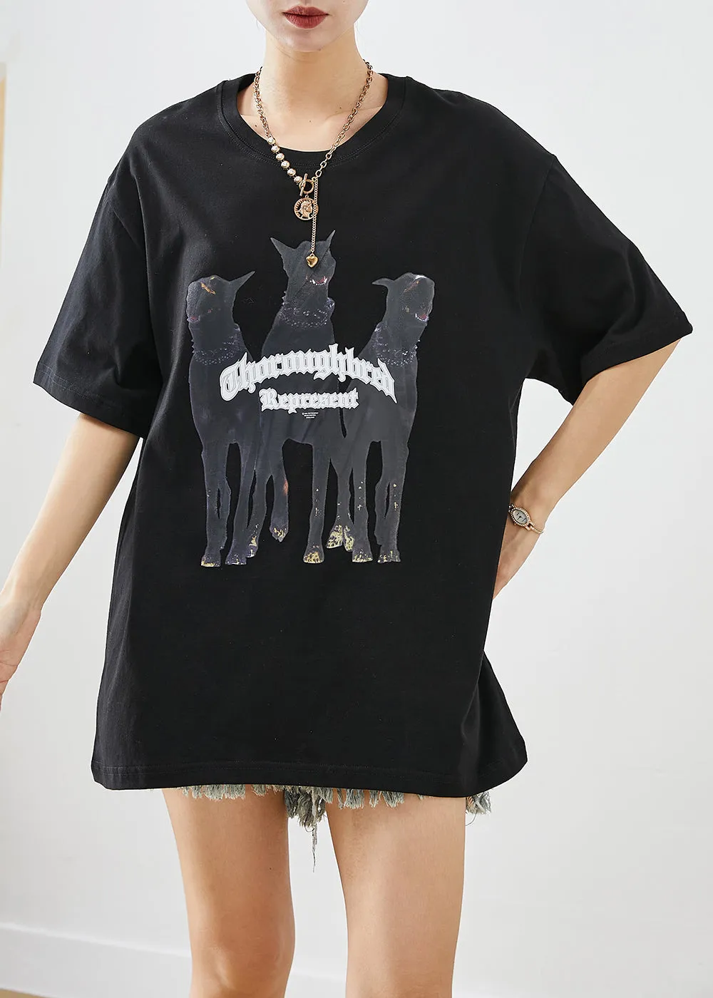 Elegant Black Oversized Print Cotton Tops Summer LY9240