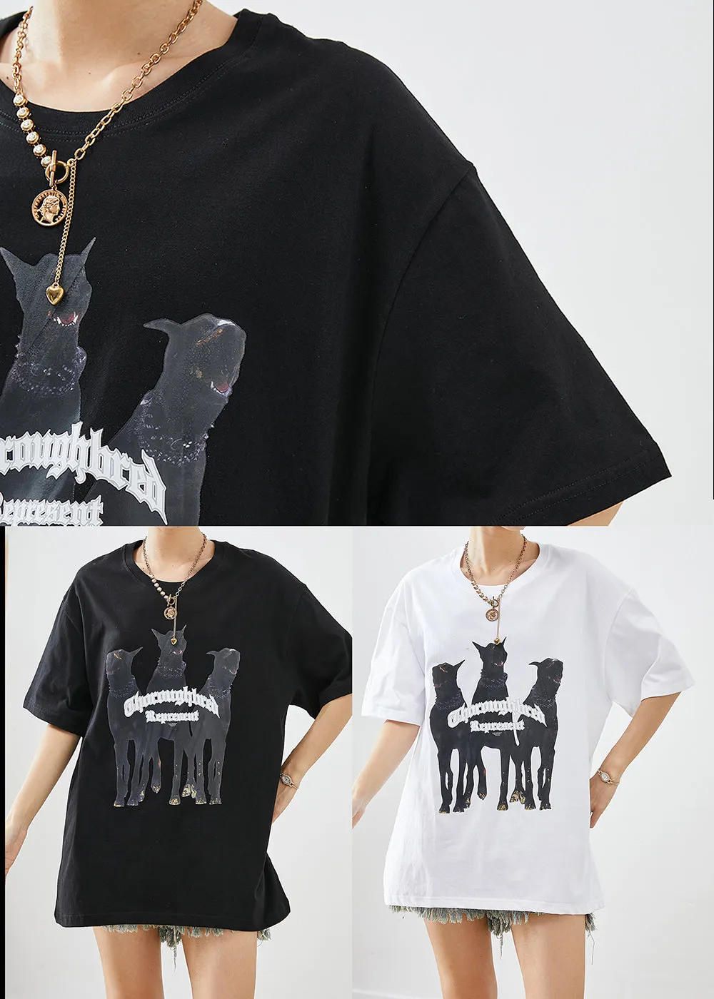 Elegant Black Oversized Print Cotton Tops Summer LY9240