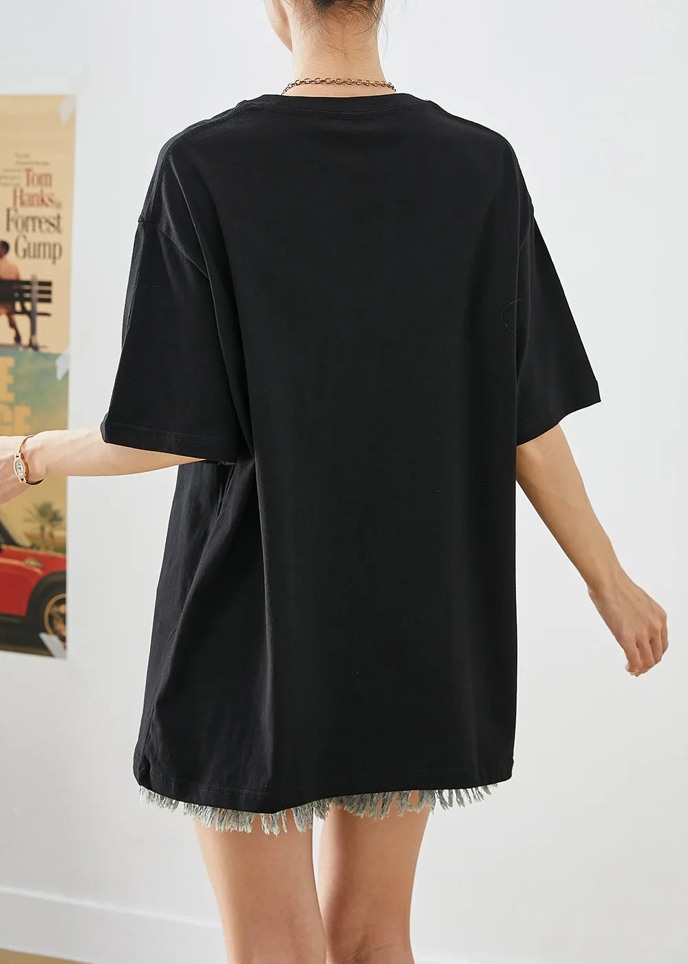 Elegant Black Oversized Print Cotton Tops Summer LY9240