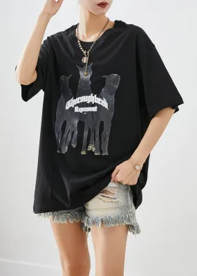 Elegant Black Oversized Print Cotton Tops Summer LY9240