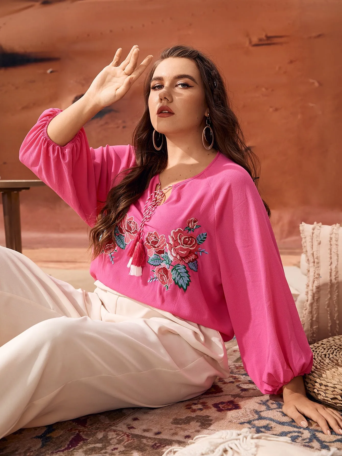 Elegant Floral Fringe Long Sleeve Keyhole Neckline Regular Plus Size Blouse