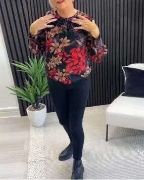 Elegant floral print crew neck pleated top